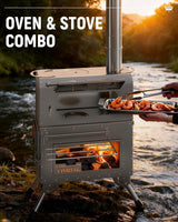 Hot tent wood stove set up inside a canvas hot tent with chimney pipe installed