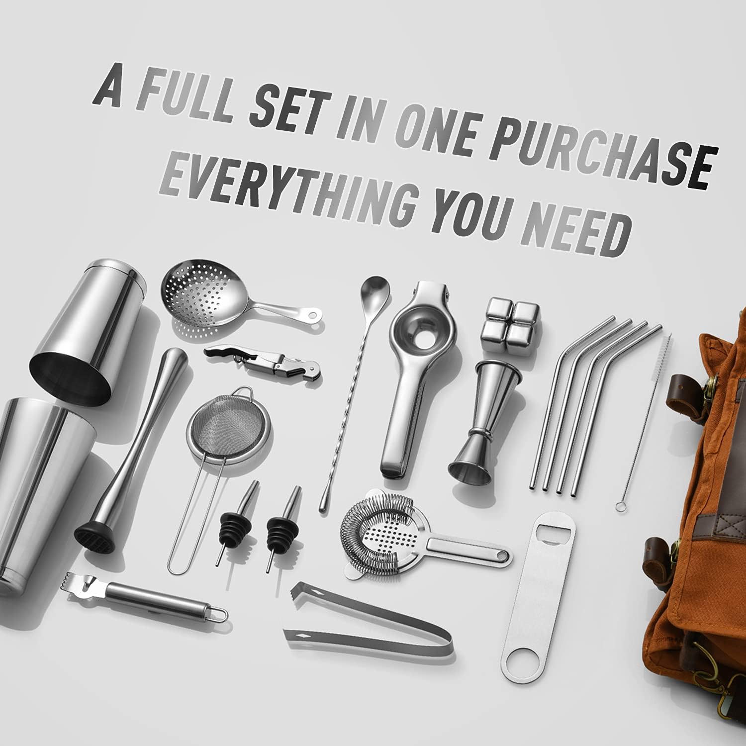 25-Piece Professional Travel Bartender Kit – Complete Cocktail Set with Portable Travel Bag for Home, Parties, Work, and Camping