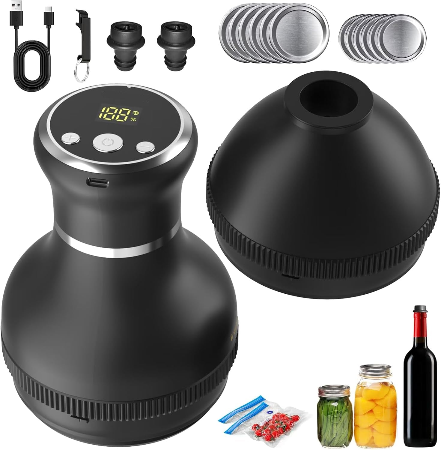 Electric Mason Jar Vacuum Sealer Kit - Compatible with Wide & Regular Mouth Canning Lids, Includes Vacuum Seal Bags & Wine Stoppers for Food Storage & Preservation