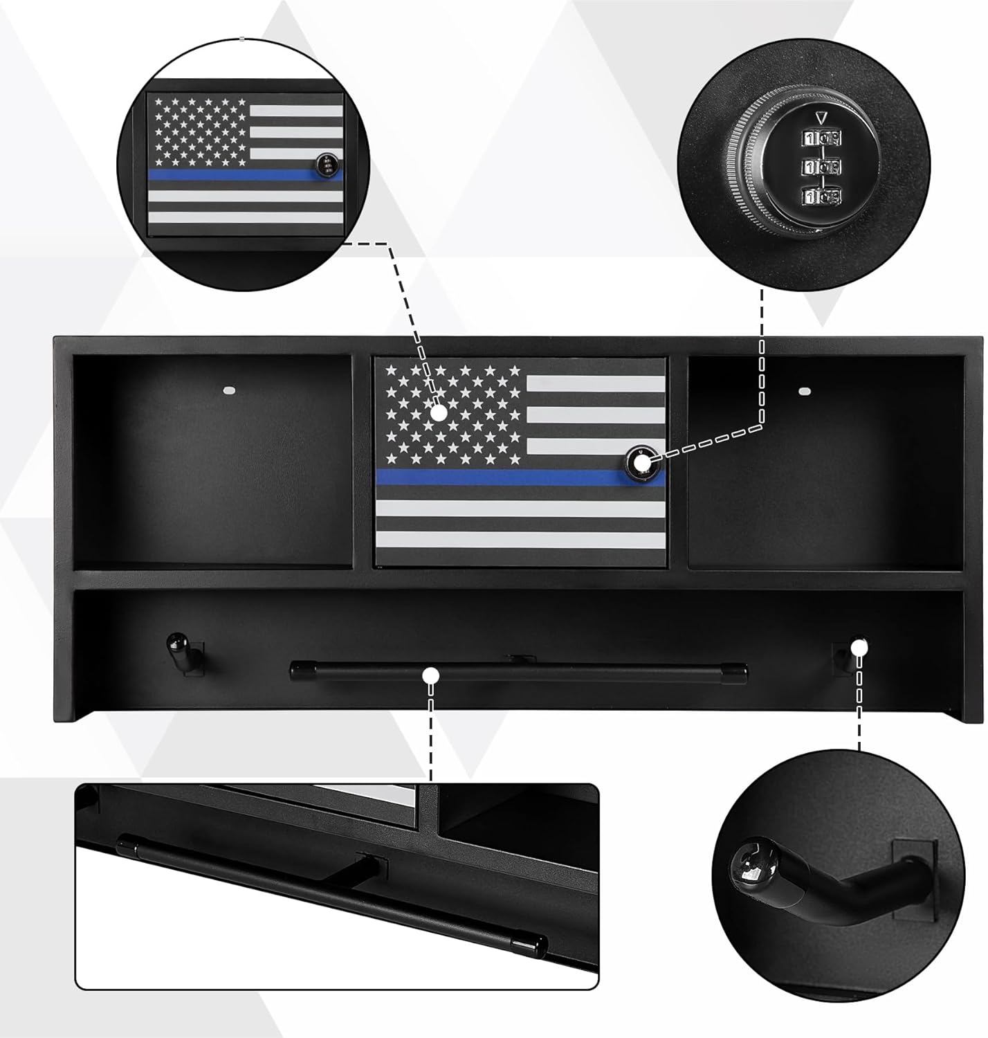 Police Gear Rack with Hooks – Tactical Duty Gear Hanger & Body Armor Stand with Thin Blue Line Flag | Black Law Enforcement Equipment Display Rack