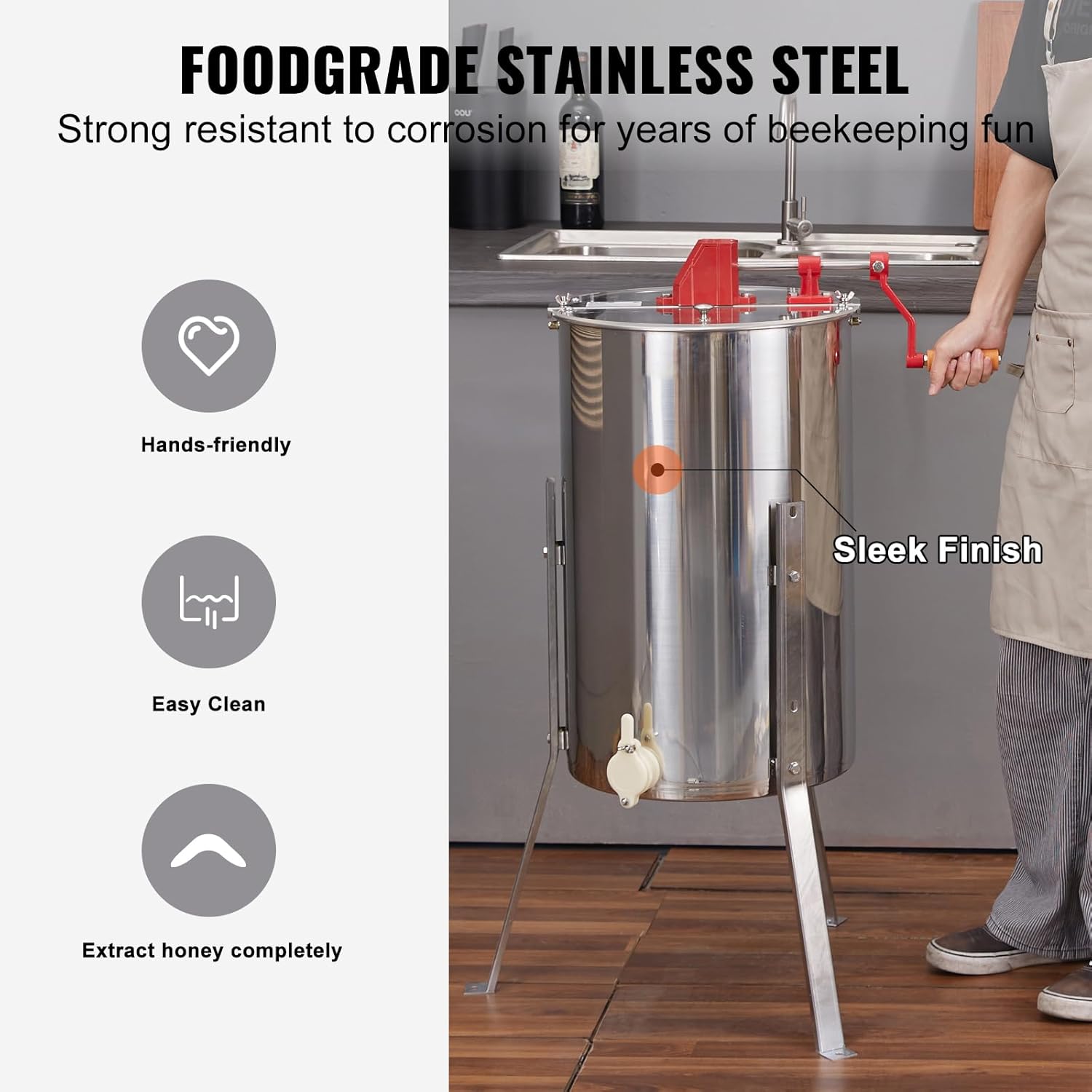 2/4 Frame Stainless Steel Honey Extractor – Manual Beekeeping Spinner with Transparent Lid & Adjustable Height Stand, Durable Honeycomb Drum for Apiary Use (Silver)