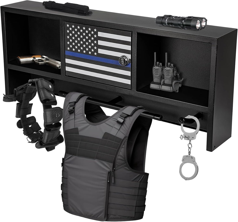 Police Gear Rack – 100 lb Duty Gear Wall Organizer, Combination Lock, Thin Blue Line Flag | Body Armor & Belt Hanger