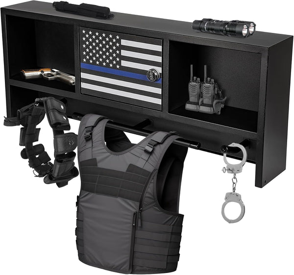 Police Gear Rack – 100 lb Duty Gear Wall Organizer, Combination Lock, Thin Blue Line Flag | Body Armor & Belt Hanger