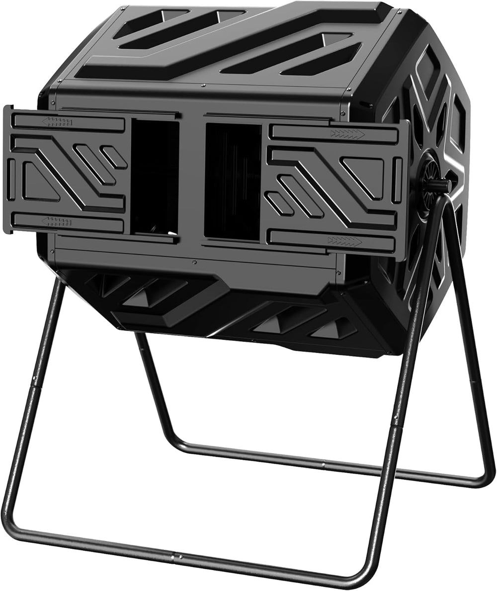 Dual Chamber Compost Tumbler – 43 Gallon, BPA-Free, Aeration Fins, Sliding Doors & Gloves Included