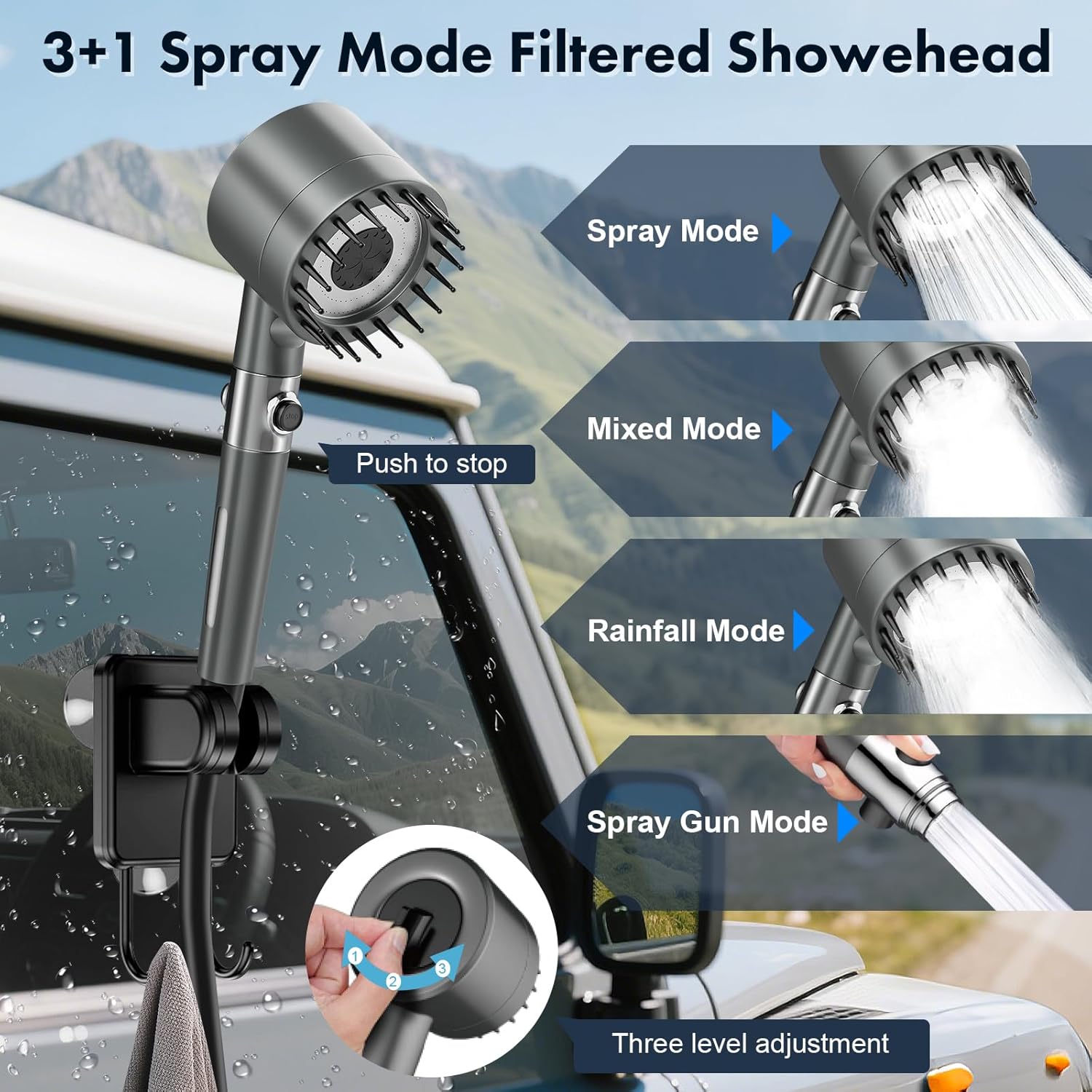 Portable Camping Shower with 6000mAh Rechargeable Pump & 20L Foldable Bucket – 4 Spray Modes, LED Display, IPX7 Waterproof Outdoor Shower for Hiking, Beach, Travel, Car & Pets