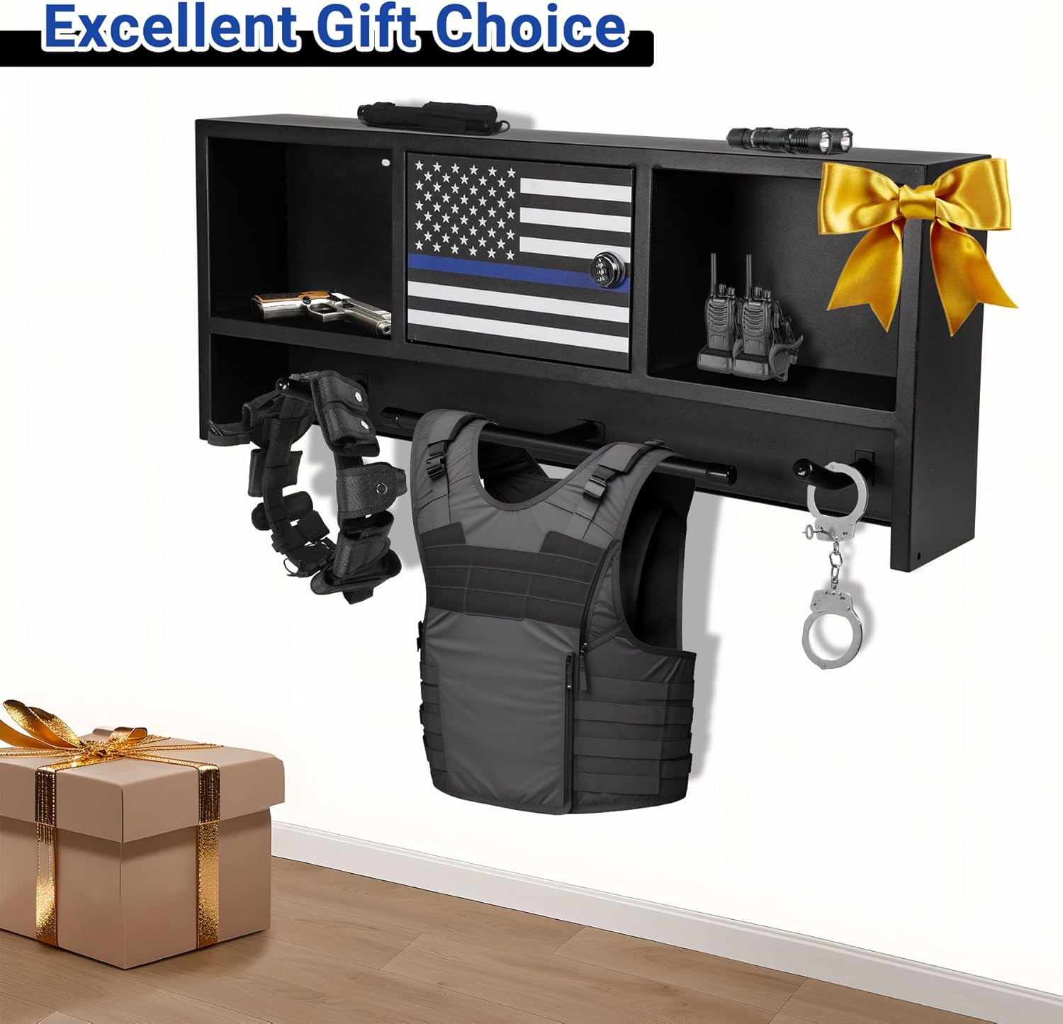 Police Gear Rack with Hooks – Tactical Duty Gear Hanger & Body Armor Stand with Thin Blue Line Flag | Black Law Enforcement Equipment Display Rack