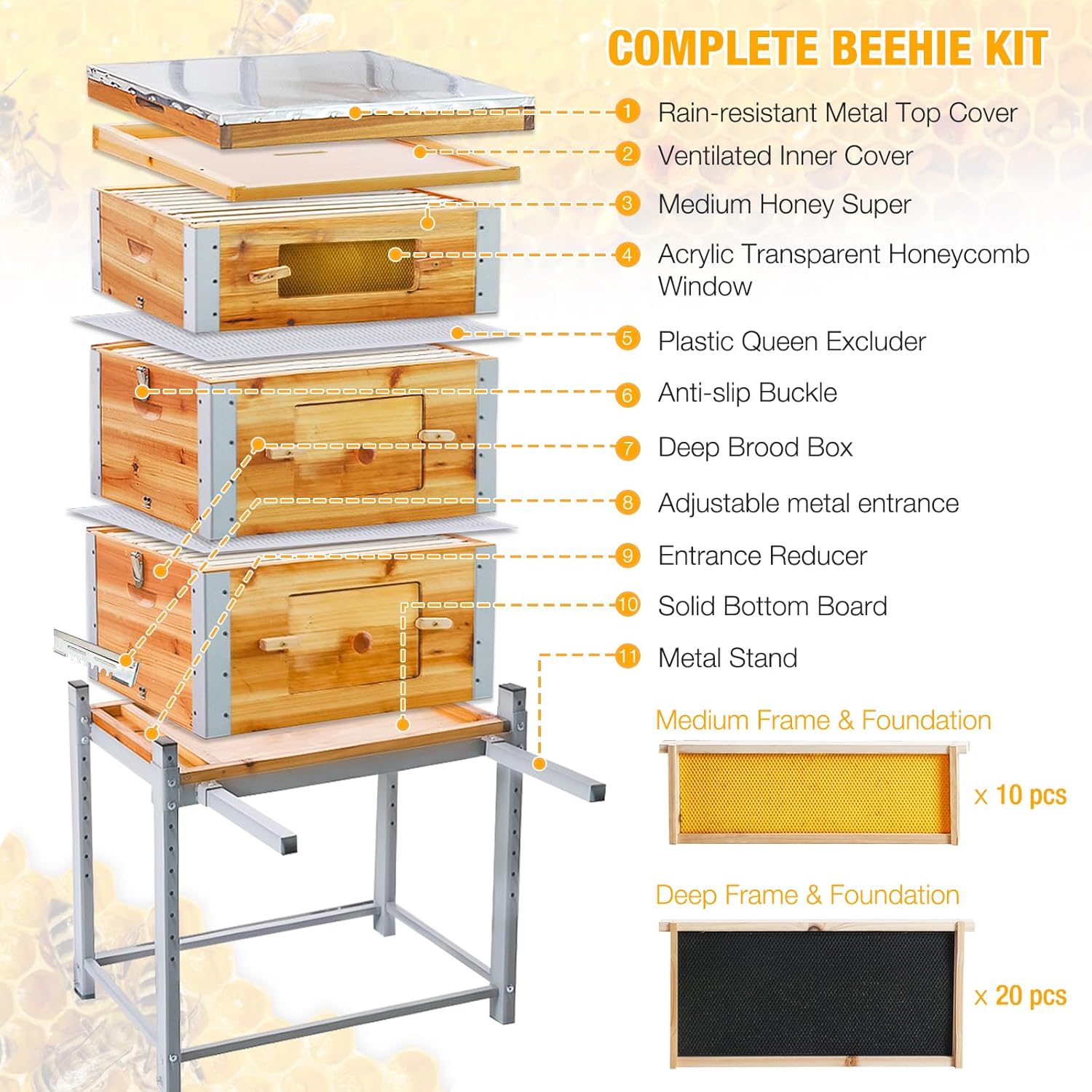 3-Layer Langstroth Beehive Starter Kit – Metal Frame Bee House with 10 Medium & 20 Deep Frames, Foundations & Metal Stand