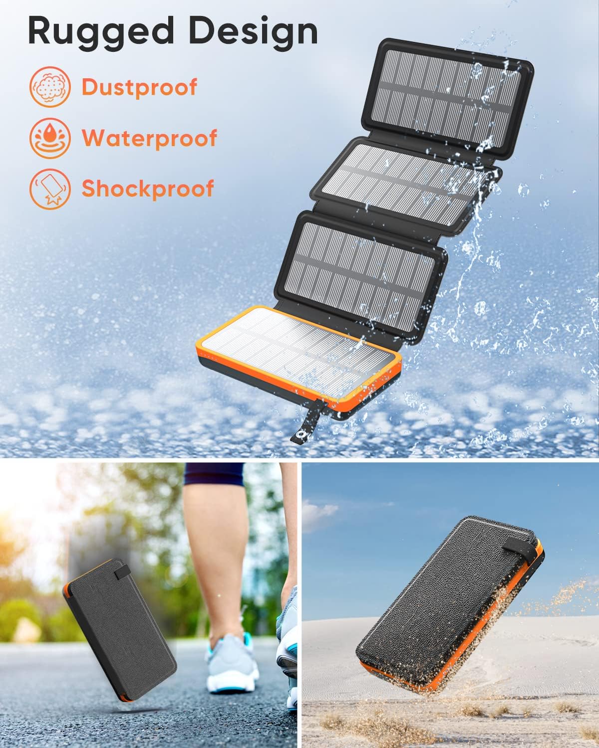 25000mAh Solar Charger – Outdoor USB-C Power Bank with 4 Solar Panels, 3A Fast Charging, and 3 USB Outputs for Smartphones, Tablets & More