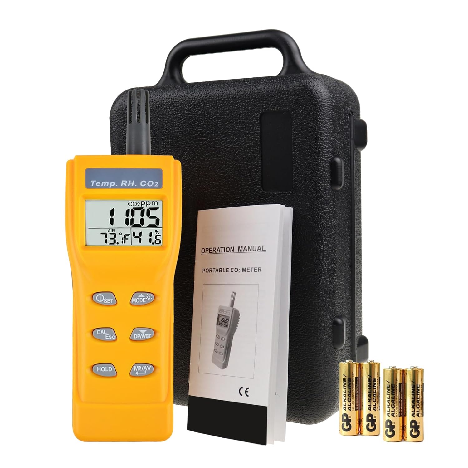 Handheld CO2 Meter – 0–9999ppm NDIR Sensor, Adjustable Alarm, Temp/Humidity/Dew Point Display