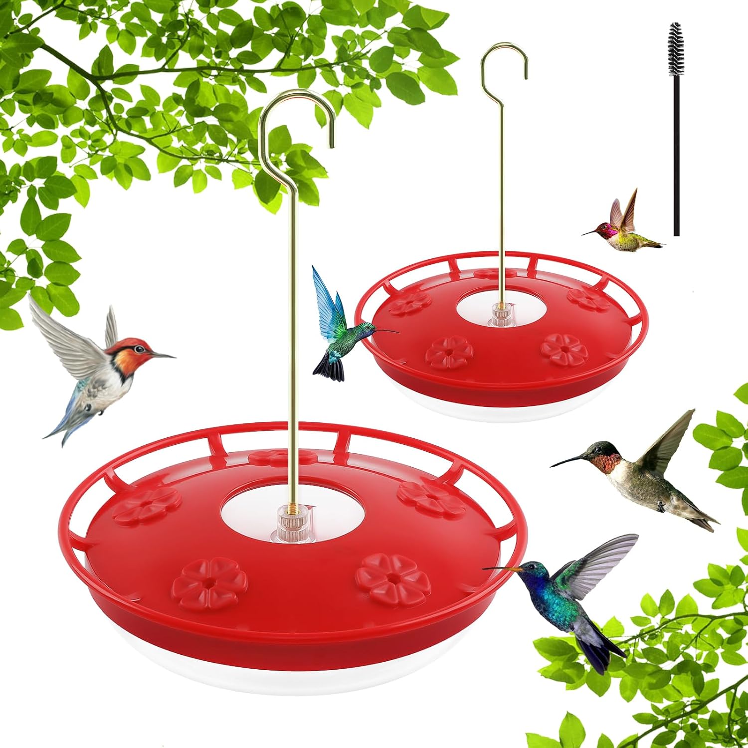 2-Pack 16oz Hummingbird Feeders for Outdoors – 5 Feeding Ports, Ant & Bee Proof, Leak-Proof Design, Easy to Fill & Clean with Brushes – Red Hanging Bird Feeder Set for Garden & Backyard