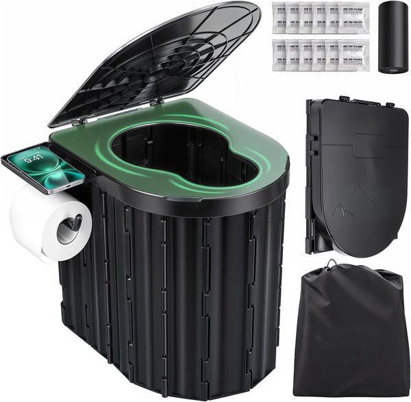 Portable Camping Toilet for Adults – 450 lb Capacity, Foldable, 4.5 lbs | Lid, TP Holder & 12 Waste Bags Included