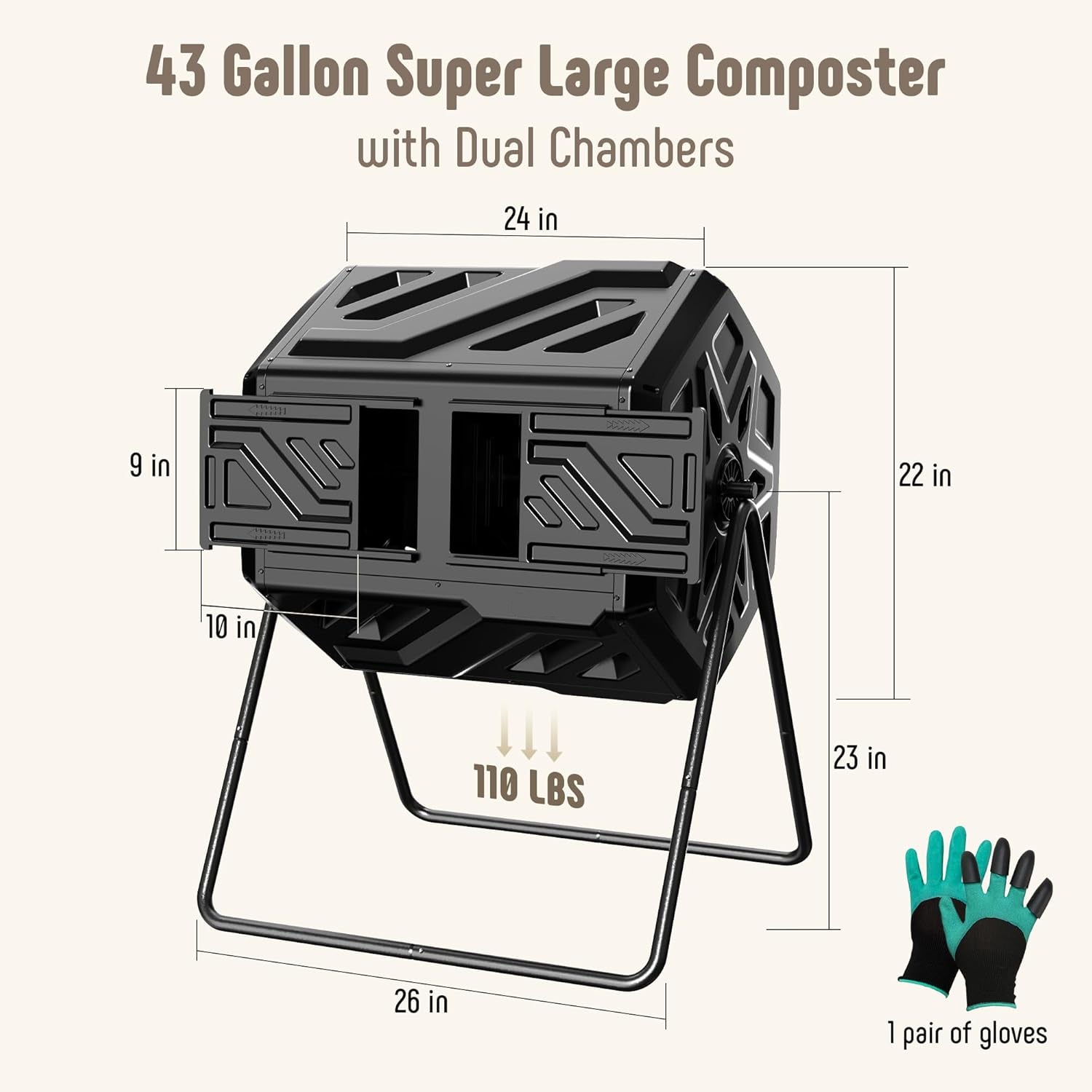 43-Gallon Dual Chamber Outdoor Compost Tumbler – Heavy-Duty Rotating Composter with Fast Assembly, Easy Setup, and Bonus Gloves – Ideal for Patio, Garden, or Yard