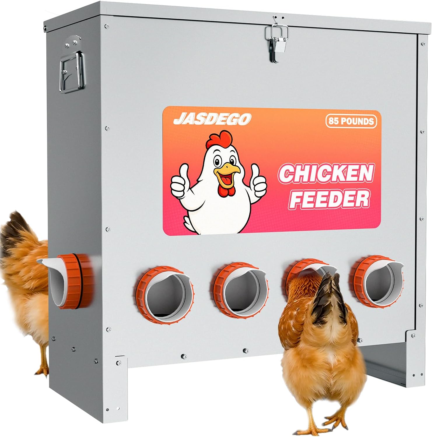 85 LB Weatherproof Metal Chicken Feeder – No Waste Poultry Feeder with 10 Feeding Ports, Auto Gravity Feed, Handle & Latch – Large Capacity Outdoor Feeder for Chickens, Hens, Bantams, Pheasants, Coop Use