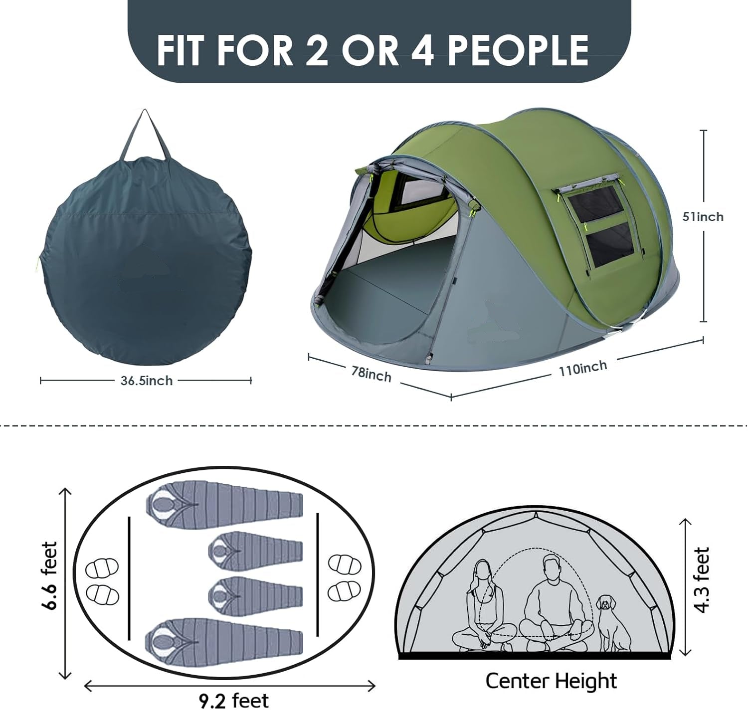 4 Person Pop Up Tent – Instant Setup, Waterproof, 2 Doors | Family Camping Tent