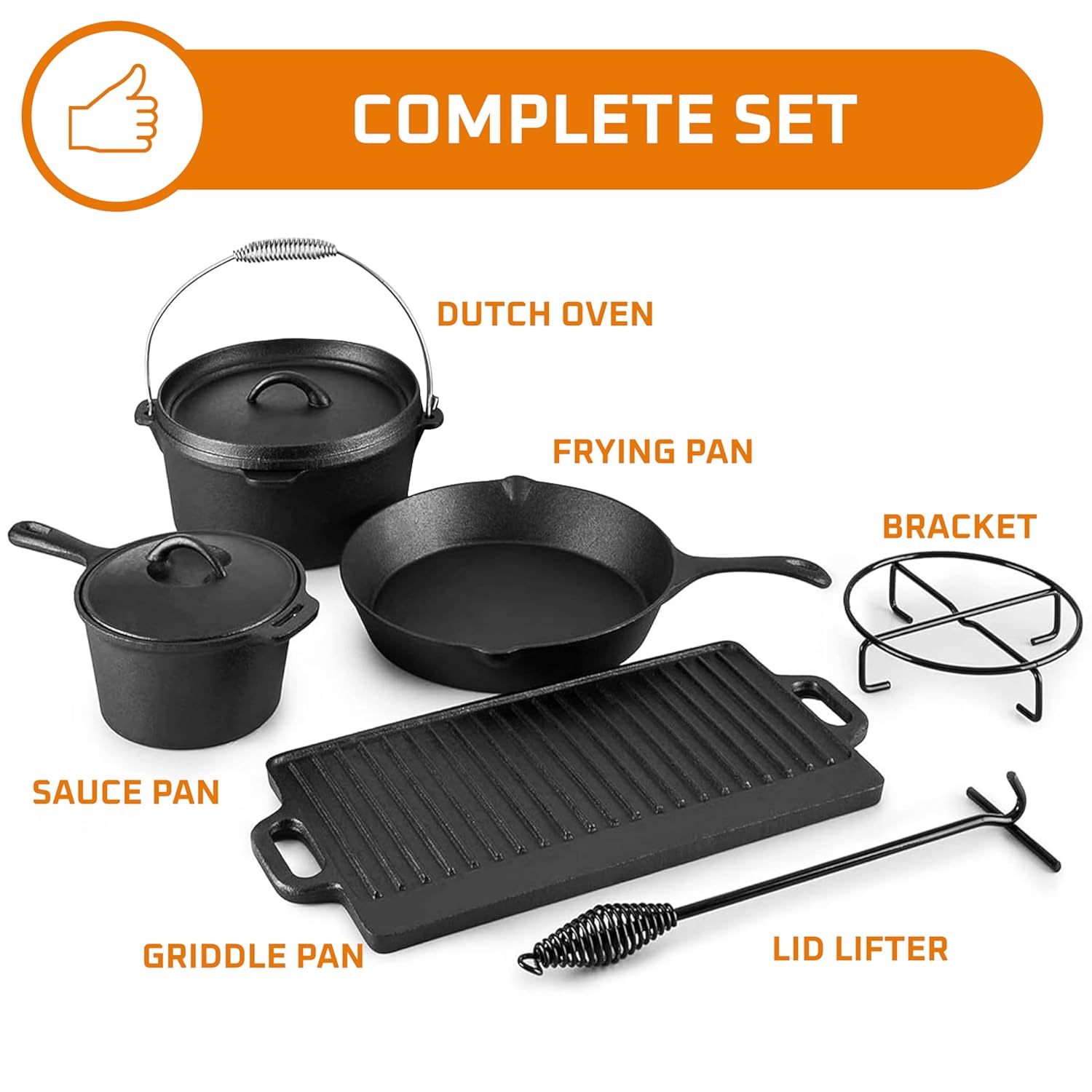 7-Piece Cast Iron Camping Cookware Set – Pre-Seasoned Dutch Oven, Skillets & Pots with Lids for Outdoor Campfire Cooking | Heavy-Duty Grill Cookware with Storage Box