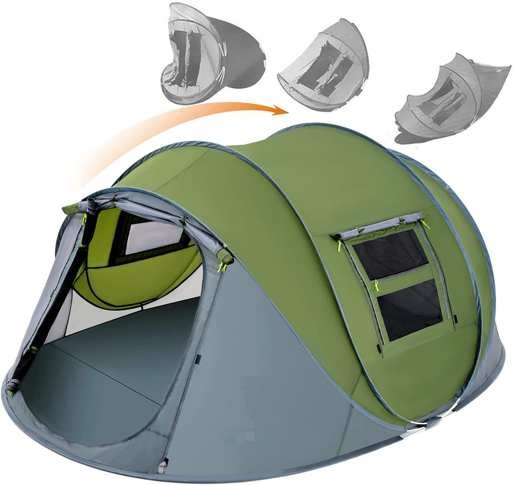 4 person pop up tent shown fully assembled with front door open, illustrating the automatic pop-up design