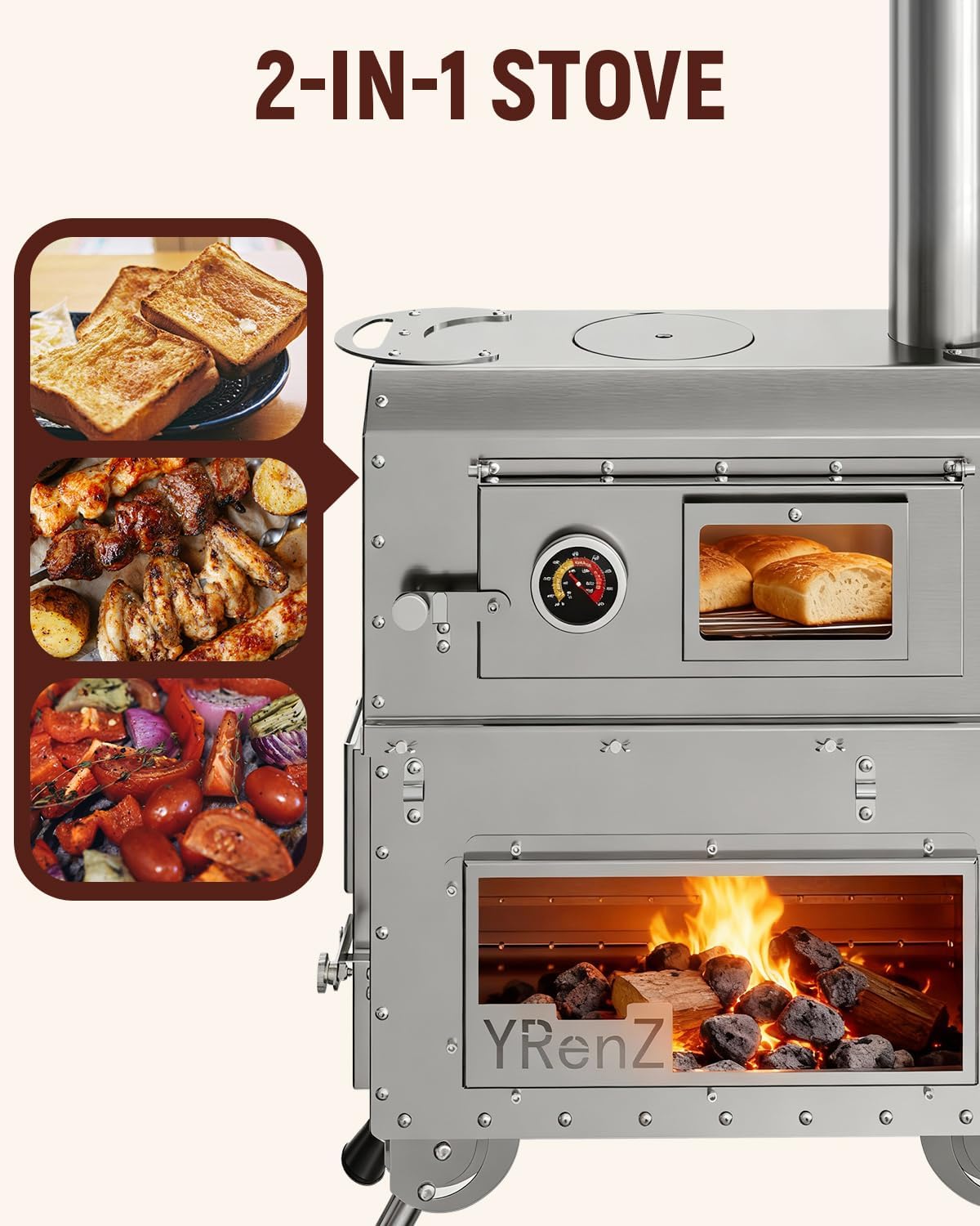 2-in-1 Tent Wood Stove with Built-In Oven – Stainless Steel High-Temperature Camping Stove with Glass Door, Anti-Slip Feet & Full Accessories | Outdoor Cooking Heater for Tents & Camping