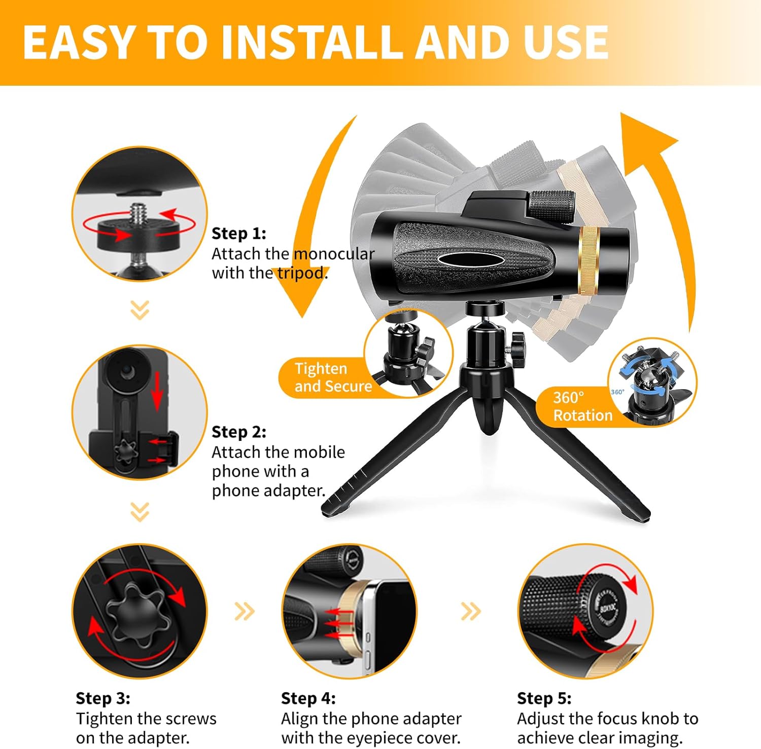 80x100 HD Monocular Telescope with Tripod & Phone Adapter – High Power Monoculars for Adults, Bird Watching, Stargazing, Hunting, Hiking, Camping, Wildlife, and Travel
