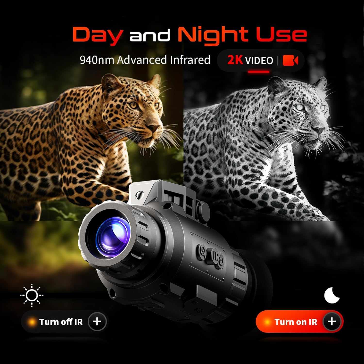 Night Vision Monocular – 2K/60Hz, 940nm Stealth IR, 45° FOV, 4 Color Modes & Helmet Mount