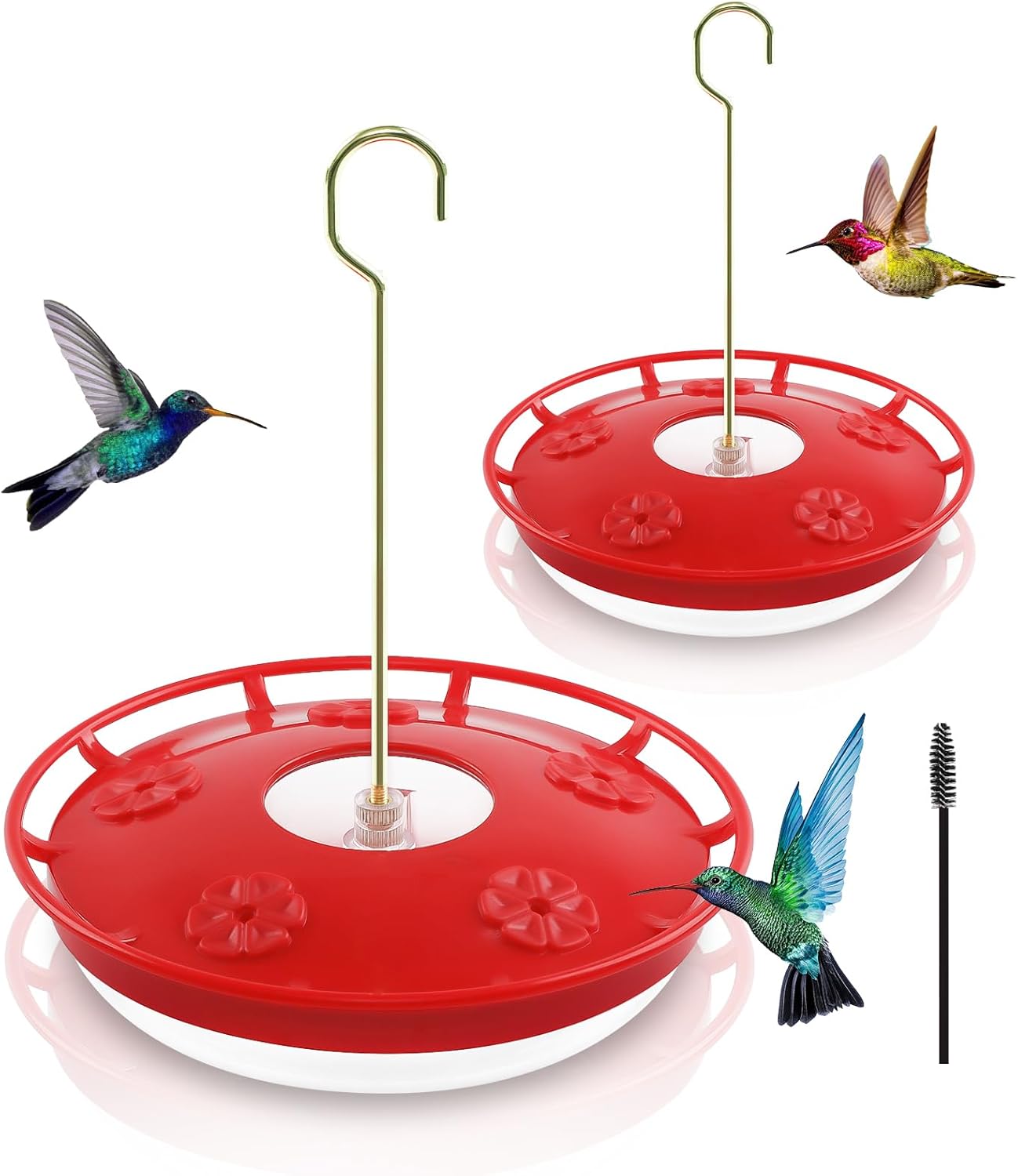 2-Pack 16oz Hummingbird Feeders for Outdoors – 5 Feeding Ports, Ant & Bee Proof, Leak-Proof Design, Easy to Fill & Clean with Brushes – Red Hanging Bird Feeder Set for Garden & Backyard