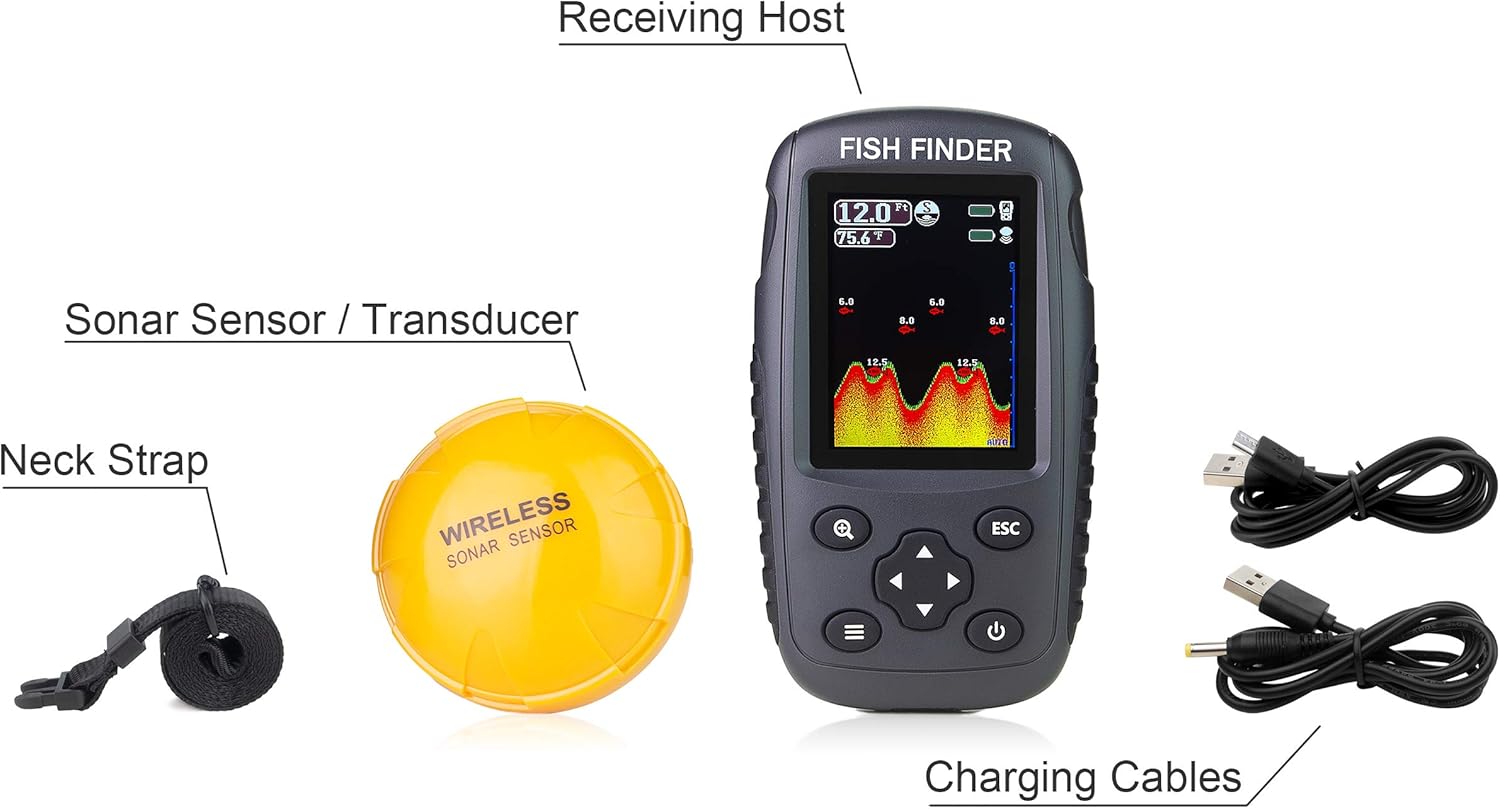 Portable Rechargeable Fish Finder Wireless Sonar Sensor Fishfinder Depth Locator with Fish Size, Water Temperature, Bottom Contour, Color LCD Display