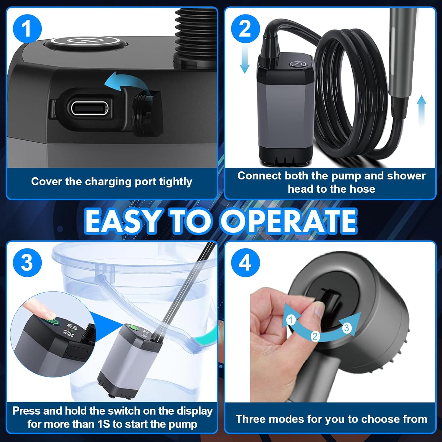 Portable Camping Shower with 6000mAh Rechargeable Pump & 20L Foldable Bucket – 4 Spray Modes, LED Display, IPX7 Waterproof Outdoor Shower for Hiking, Beach, Travel, Car & Pets