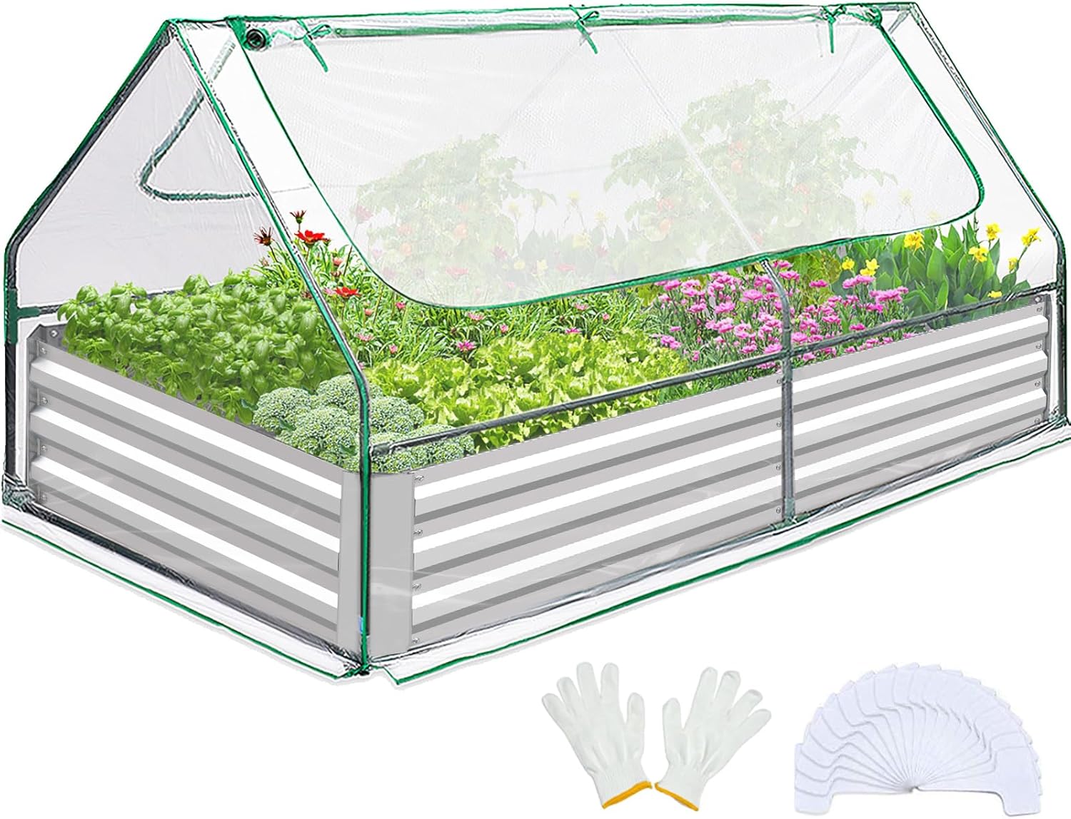 6x3x1ft Raised Garden Bed with Cover – Galvanized Metal Planter Box Kit with Mini Greenhouse, 2 Large Screen Windows, 20 Plant Tags & Gardening Gloves – Ideal for Growing Vegetables & Flowers