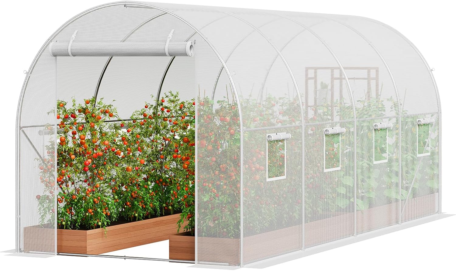 14.6×6.4×6.3 ft Walk-In Tunnel Greenhouse – Heavy-Duty Hoop House with Galvanized Steel Frame, White PE Cover, Roll-Up Zipper Door & 8 Vent Windows for Outdoor Gardening
