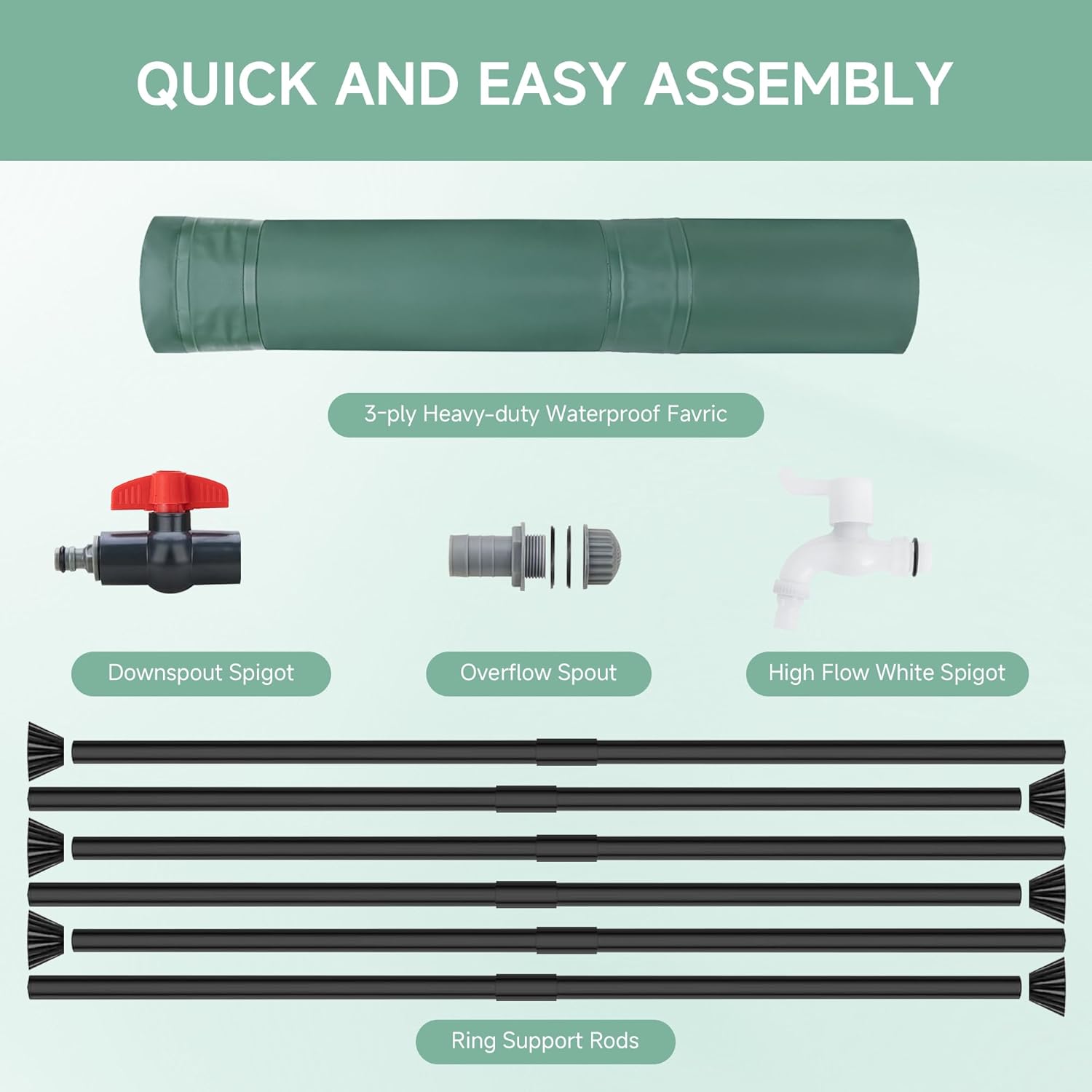 Collapsible Rain Barrel – 53 Gallon, 3-Ply PVC, Mesh Filter, High-Flow & Downspout Spigots, Overflow Valve