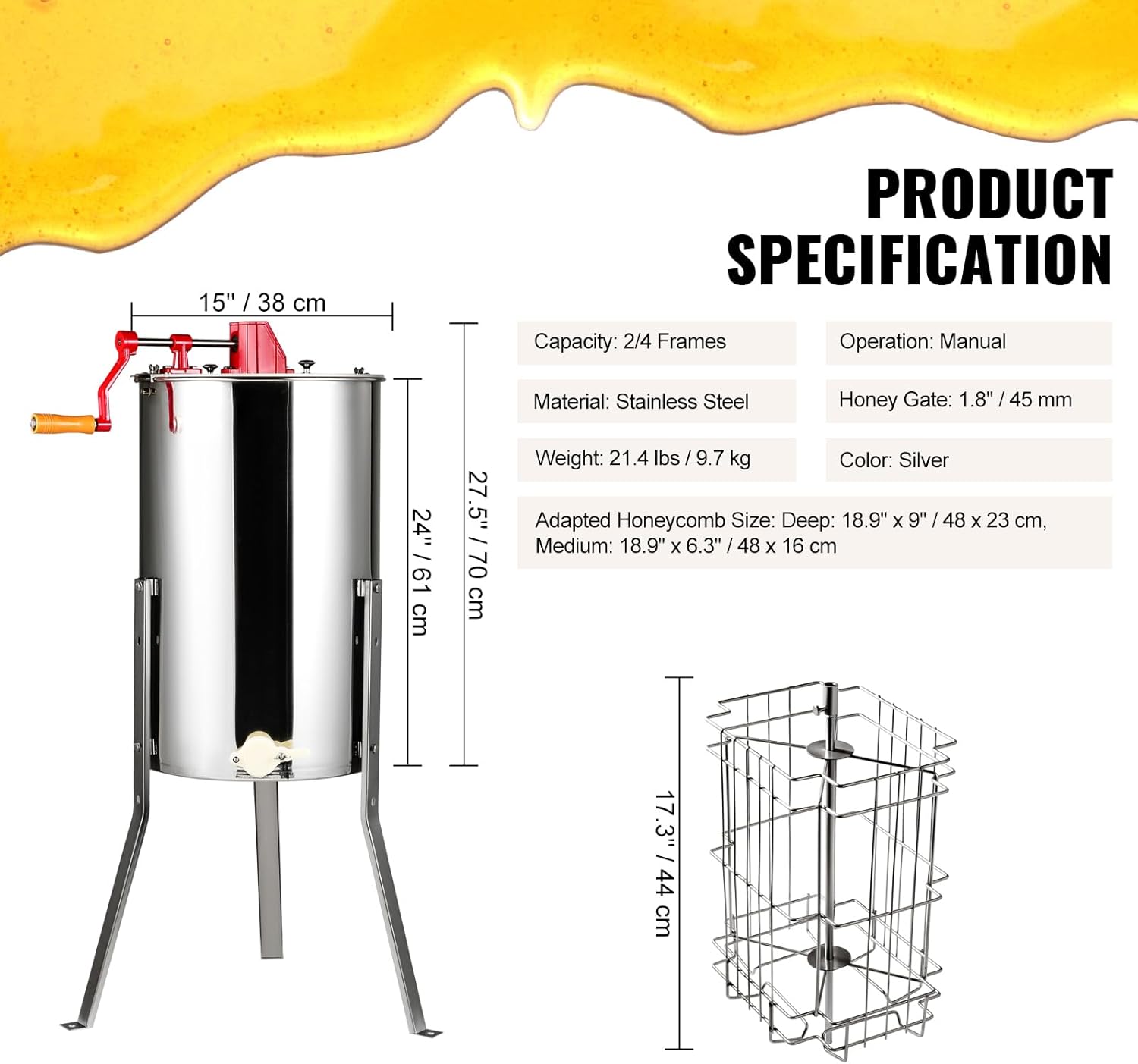 2/4 Frame Stainless Steel Honey Extractor – Manual Beekeeping Spinner with Transparent Lid & Adjustable Height Stand, Durable Honeycomb Drum for Apiary Use (Silver)