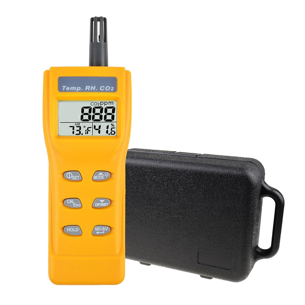 Handheld CO2 Meter – 0–9999ppm NDIR Sensor, Adjustable Alarm, Temp/Humidity/Dew Point Display