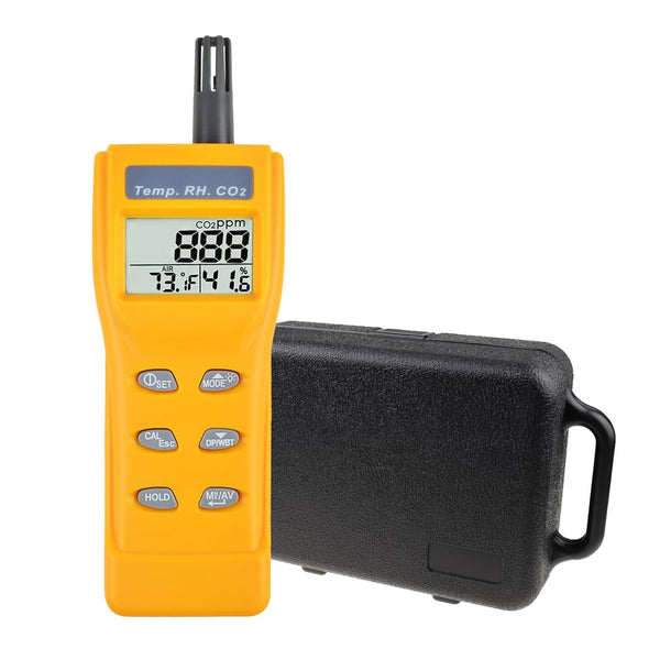 Handheld CO2 Meter – 0–9999ppm NDIR Sensor, Adjustable Alarm, Temp/Humidity/Dew Point Display