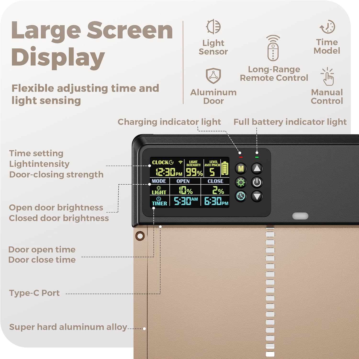 Solar Powered Automatic Chicken Coop Door with Remote Control, Timer & Light Sensor, 4 Operating Modes, Color LCD Display, Aluminum Auto Chicken Door with Adjustable Anti-Pinch Design