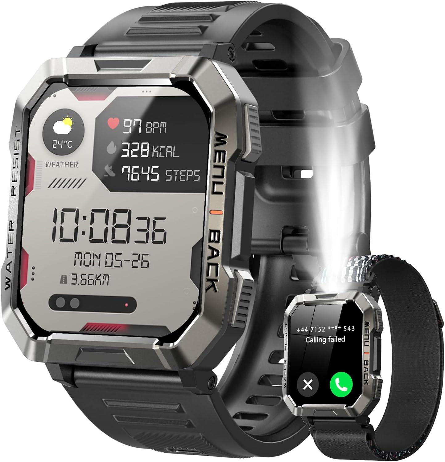 Military Smart Watch for Men with Bluetooth Calling, 2.01" Rugged Outdoor Tactical Smartwatch, Fitness Tracker Compatible with Android & iPhone, Compass, Flashlight, 100-Day Battery Life, Heart Rate, Sleep Monitor, 100+ Sport Modes, 2 Straps Included