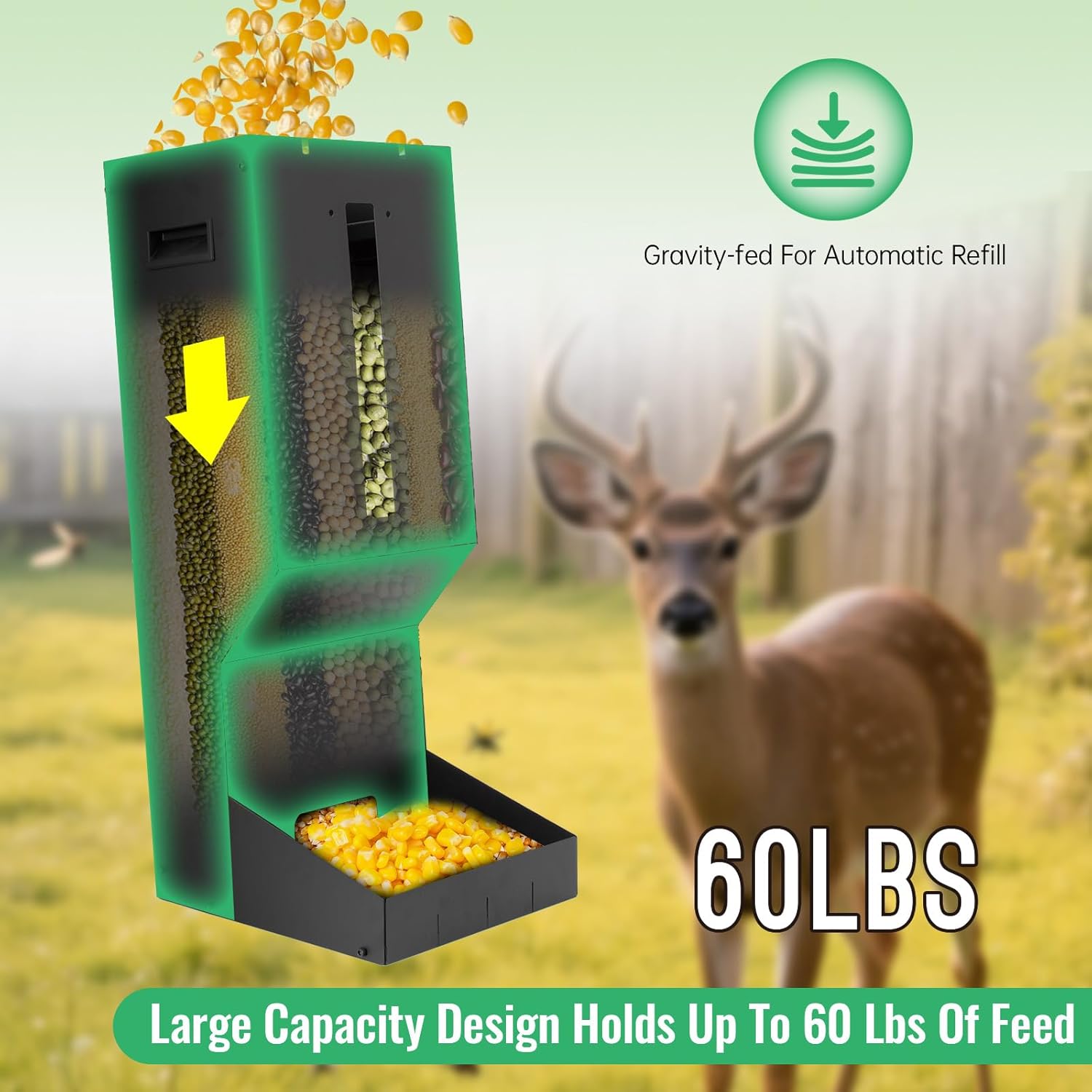 Automatic Metal Deer Feeder – 60 lb / 11-Gallon Gravity Wildlife Feeder for Corn & Protein | Hanging or Wall-Mount Feeder for Hunting Land, Farm & Field