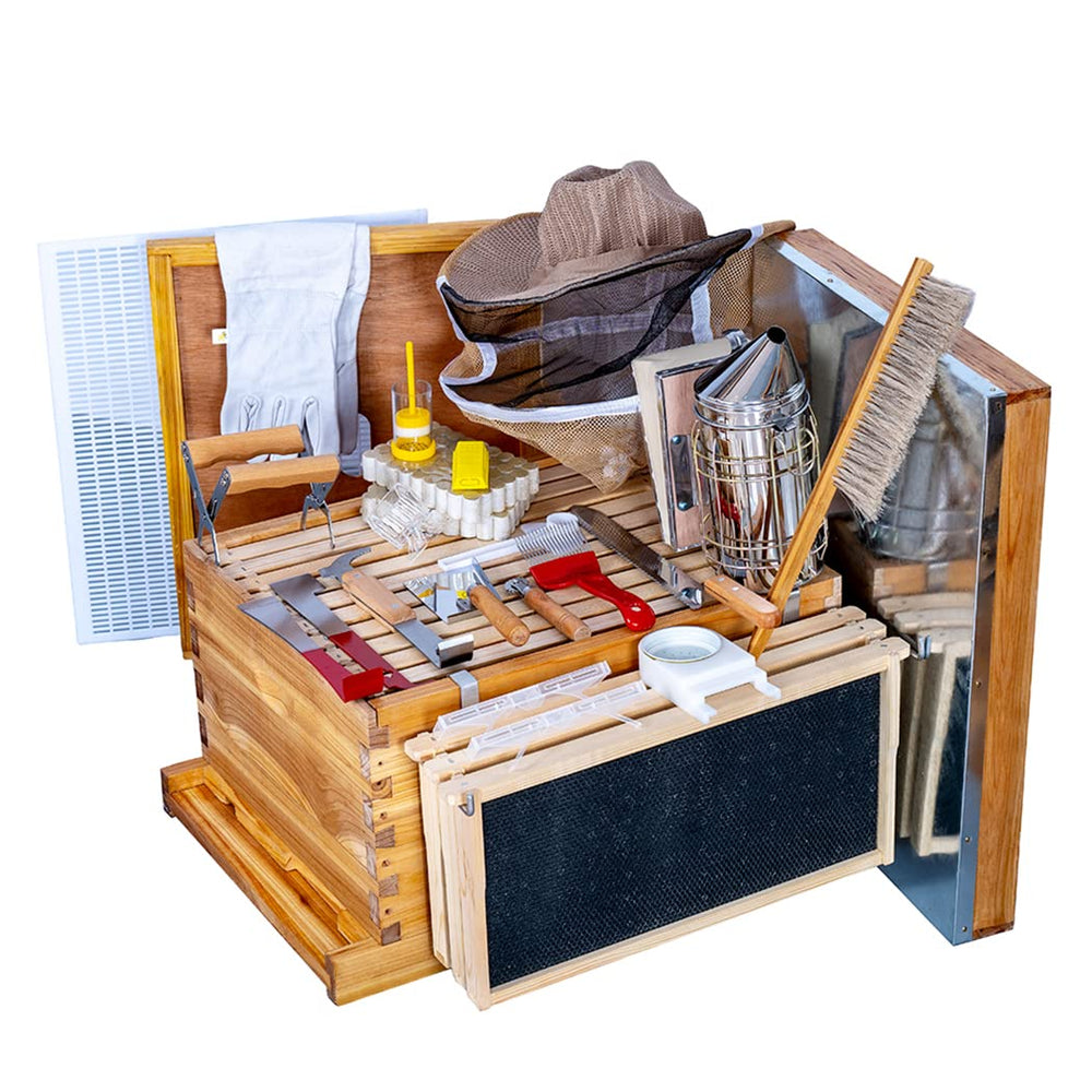 10-Frame Beehive Starter Kit – Wax-Coated Cedar Box, 20+ Tools, Veil & Queen Equipment