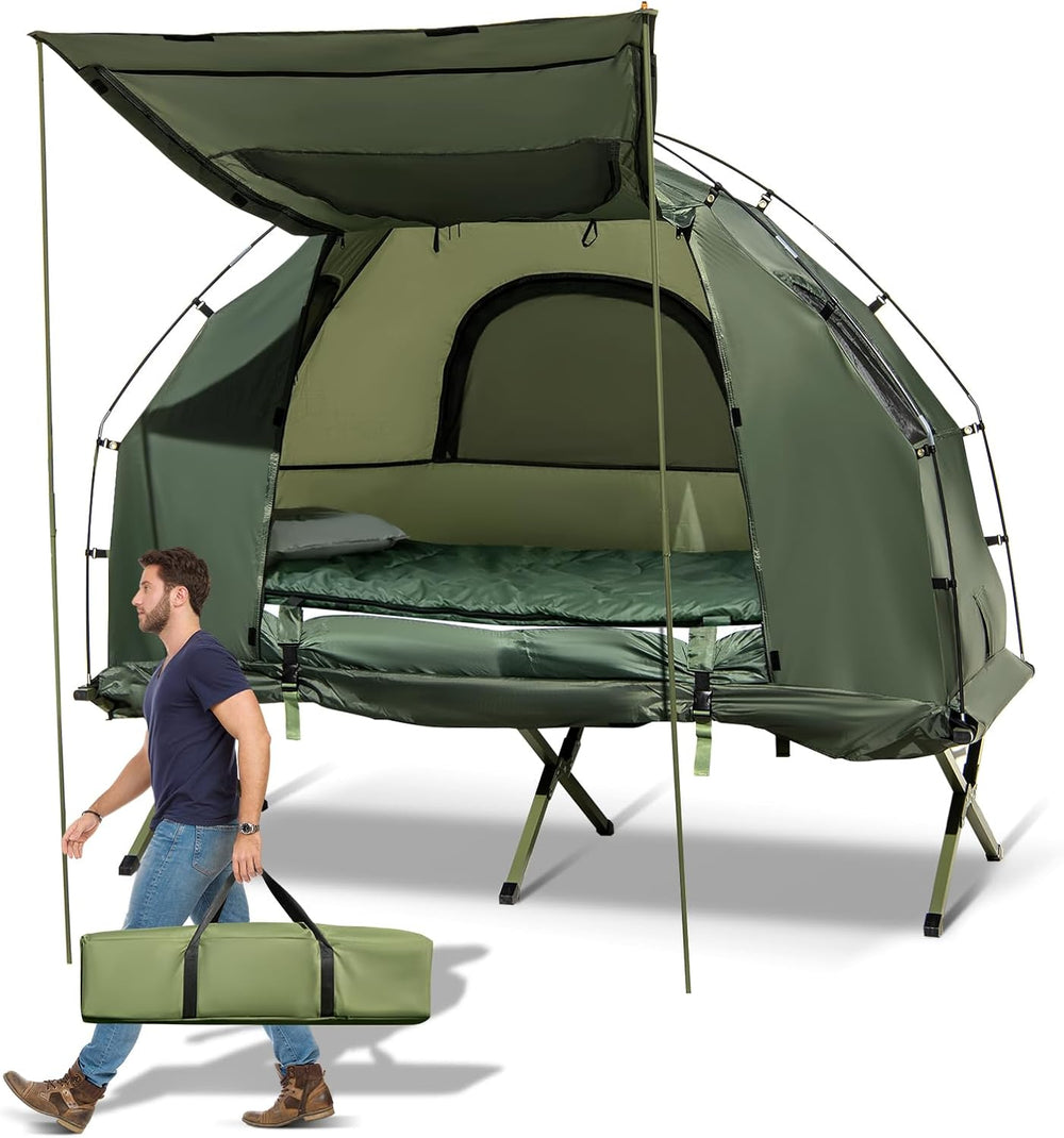 5-in-1 Tent Cot with Mattress, Sleeping Bags & Sunshade – Folding Elevated Camping Bed for Outdoor Hiking, Fishing, Travel & Picnics
