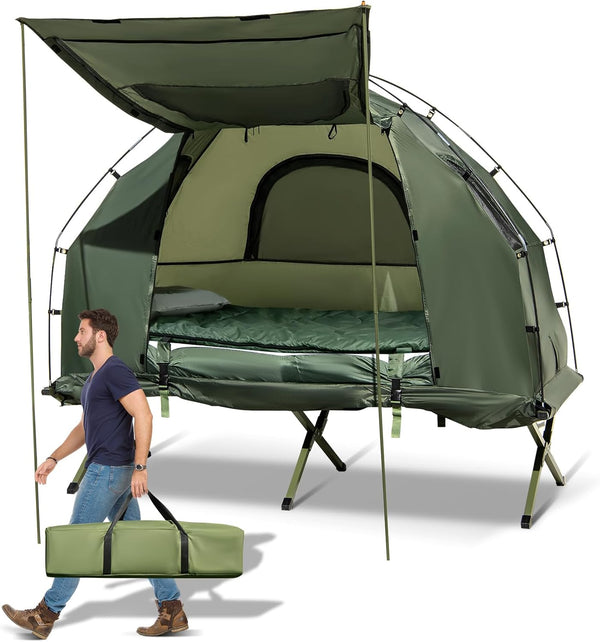 5-in-1 Tent Cot with Mattress, Sleeping Bags & Sunshade – Folding Elevated Camping Bed for Outdoor Hiking, Fishing, Travel & Picnics
