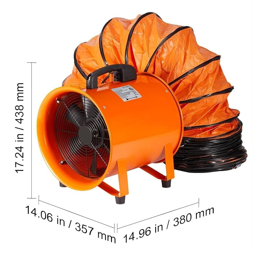 12-Inch Air Mover Blower Fan – 3198 CFM Industrial Portable Ventilation Exhaust Fan with 16.4 ft Flexible Duct | 585W High-Power Utility Ventilator