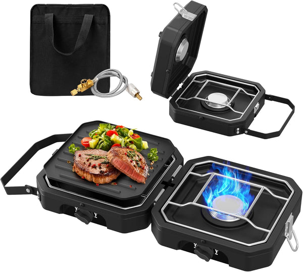 2 Burner Propane Camping Stove – 15,700 BTU, Foldable with Griddle & Carry Bag | Camp, Tailgate & Emergency Cooking