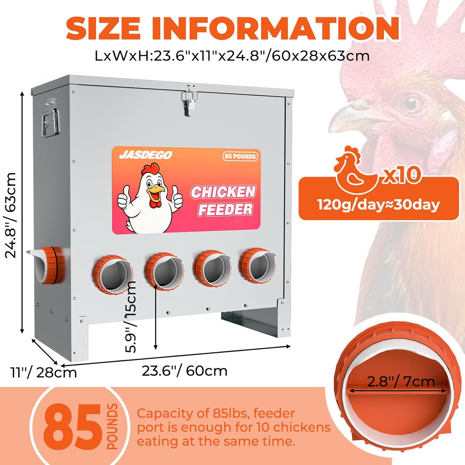 85 LB Weatherproof Metal Chicken Feeder – No Waste Poultry Feeder with 10 Feeding Ports, Auto Gravity Feed, Handle & Latch – Large Capacity Outdoor Feeder for Chickens, Hens, Bantams, Pheasants, Coop Use