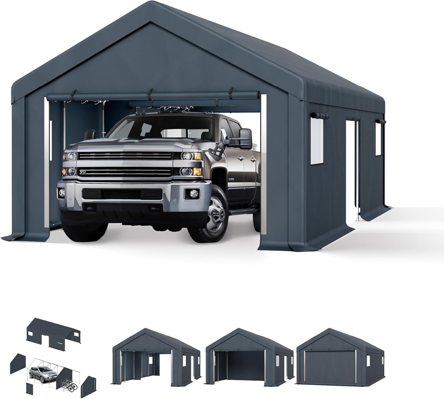 13x24x9.6 Ft Portable Storage Shelter Garage – Waterproof UV-Resistant Carport Tent with Roll-Up Zipper Doors & Air Vents | Anti-Snow Outdoor Shed for Car, Motorcycle & Equipment – Gray