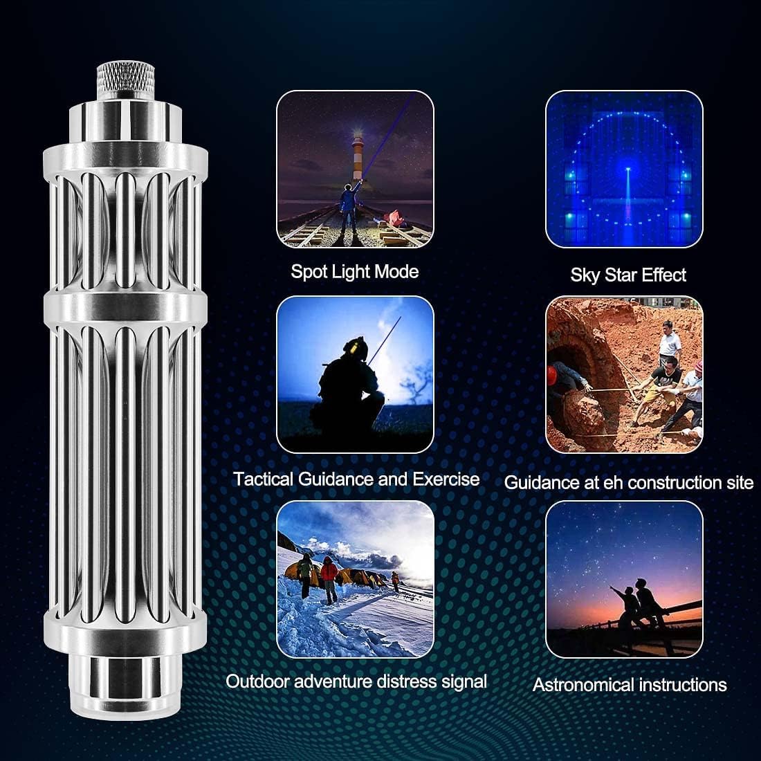 Rechargeable Long-Range Blue LED Flashlight Tool – Zoomable, Multifunctional, Portable Indicator Light for Emergency & Outdoor Use (Silver)