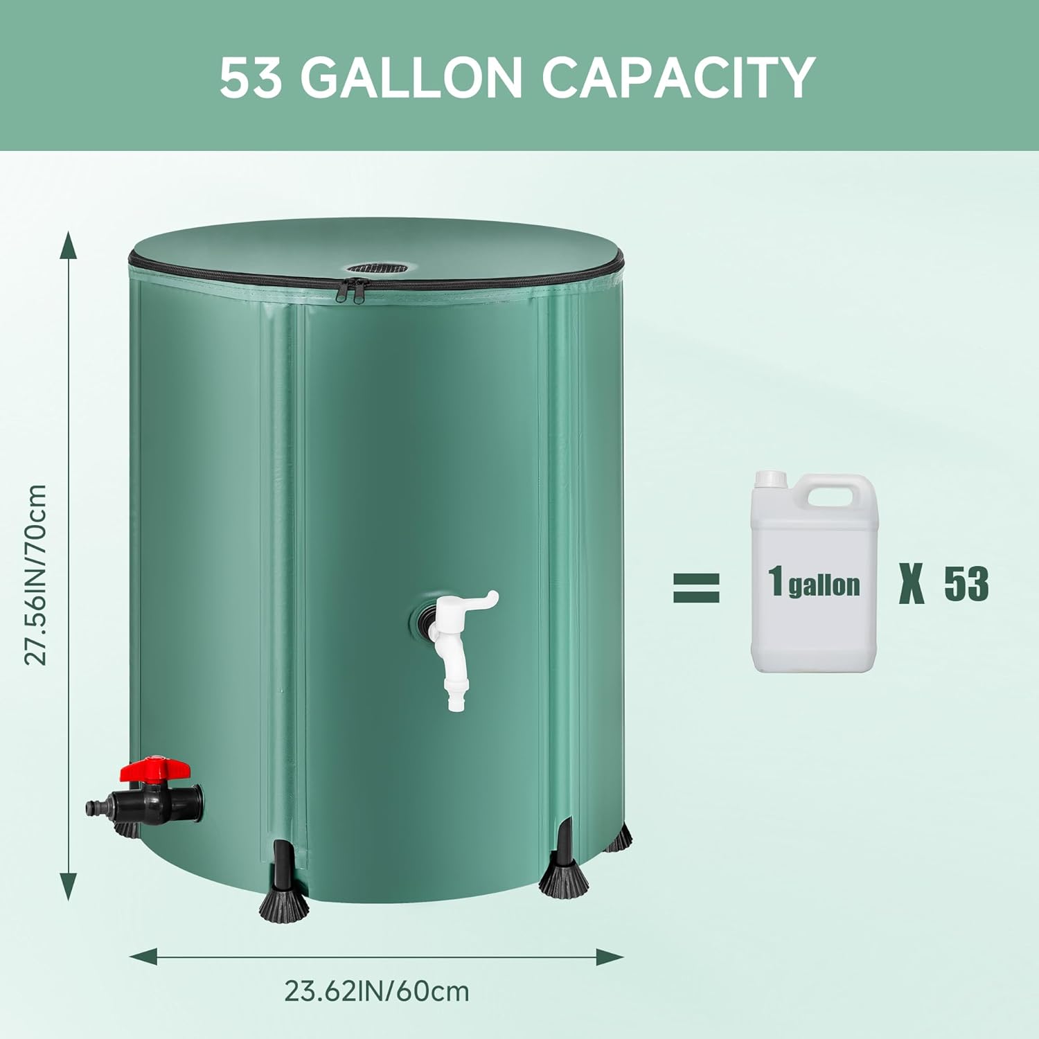 Collapsible Rain Barrel – 53 Gallon, 3-Ply PVC, Mesh Filter, High-Flow & Downspout Spigots, Overflow Valve