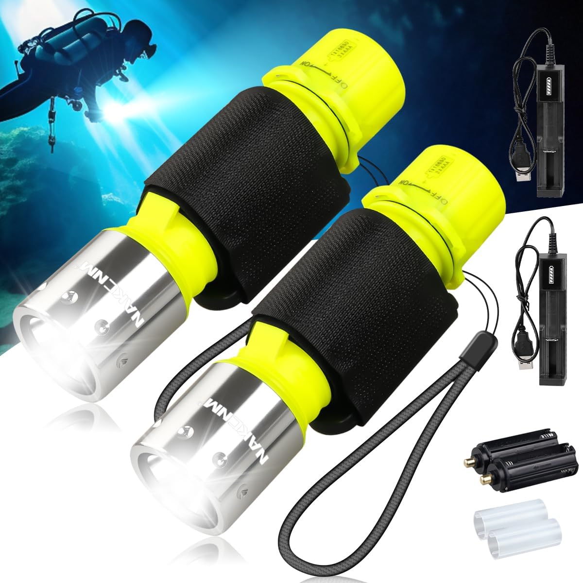 2-Pack Rechargeable Scuba Diving Flashlights – Super Bright Underwater Dive Lights, Waterproof LED Dive Torch with 3 Modes for Deep Sea, Snorkeling, Spearfishing, and Emergency Use