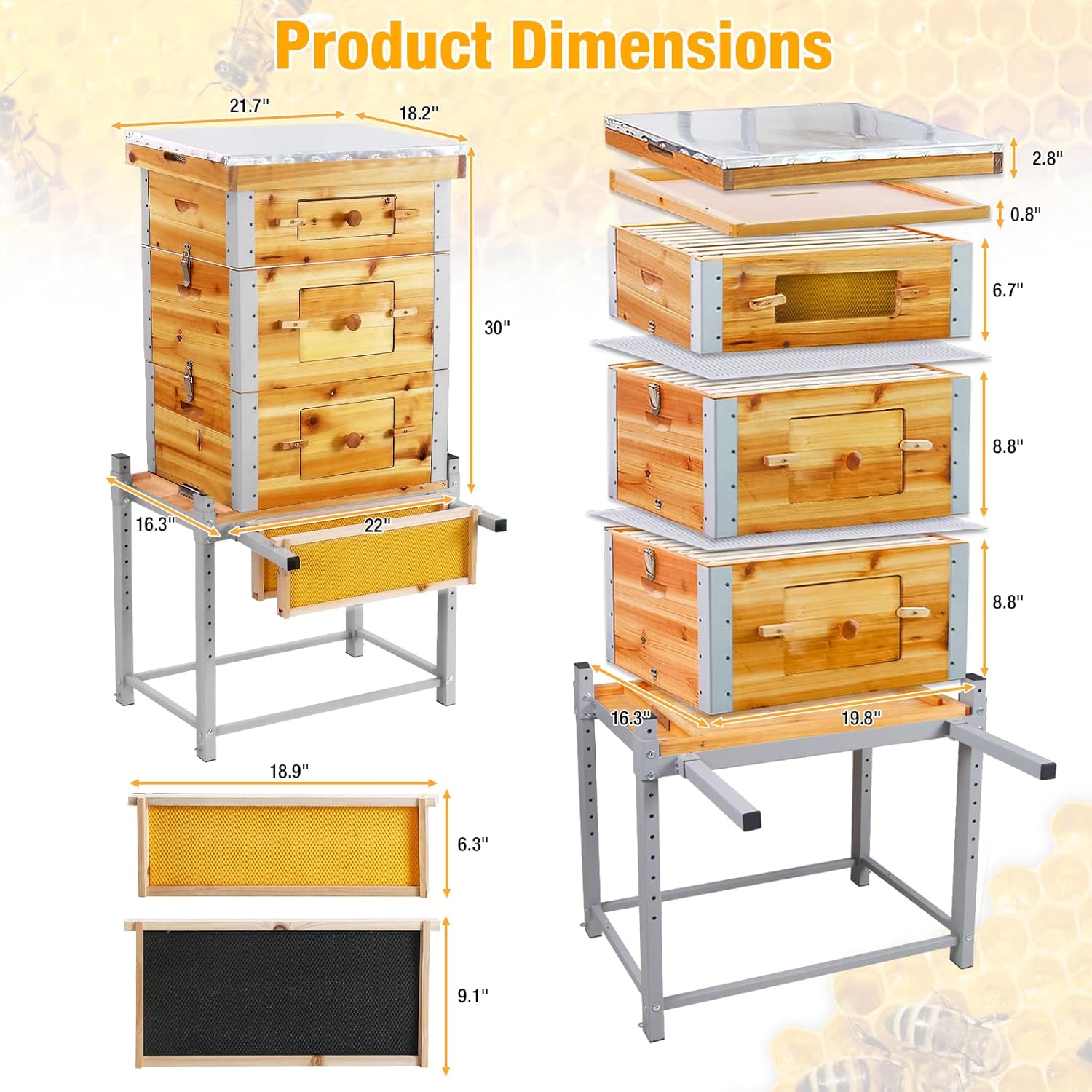 3-Layer Langstroth Beehive Starter Kit – Metal Frame Bee House with 10 Medium & 20 Deep Frames, Foundations & Metal Stand