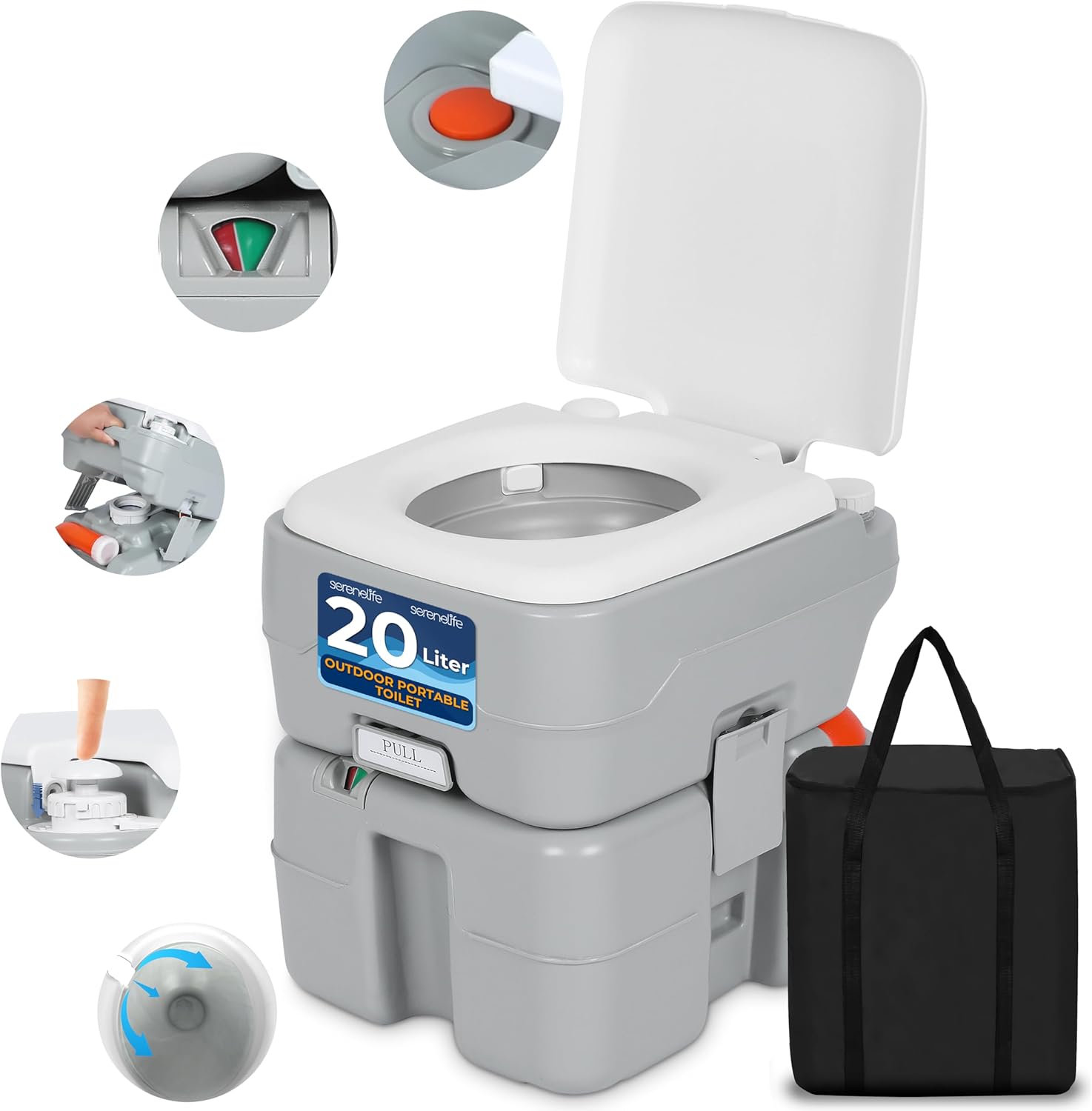5.2 Gallon Portable Camping Toilet for Adults with Carry Bag - Leak-Proof Porta Potty with Detachable Waste Tank, Level Indicator, and Easy Clean Design - Ideal for Camping, Hiking, RVs, and Boating
