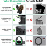 Portable camping toilet set up outdoors on uneven ground with four adjustable feet