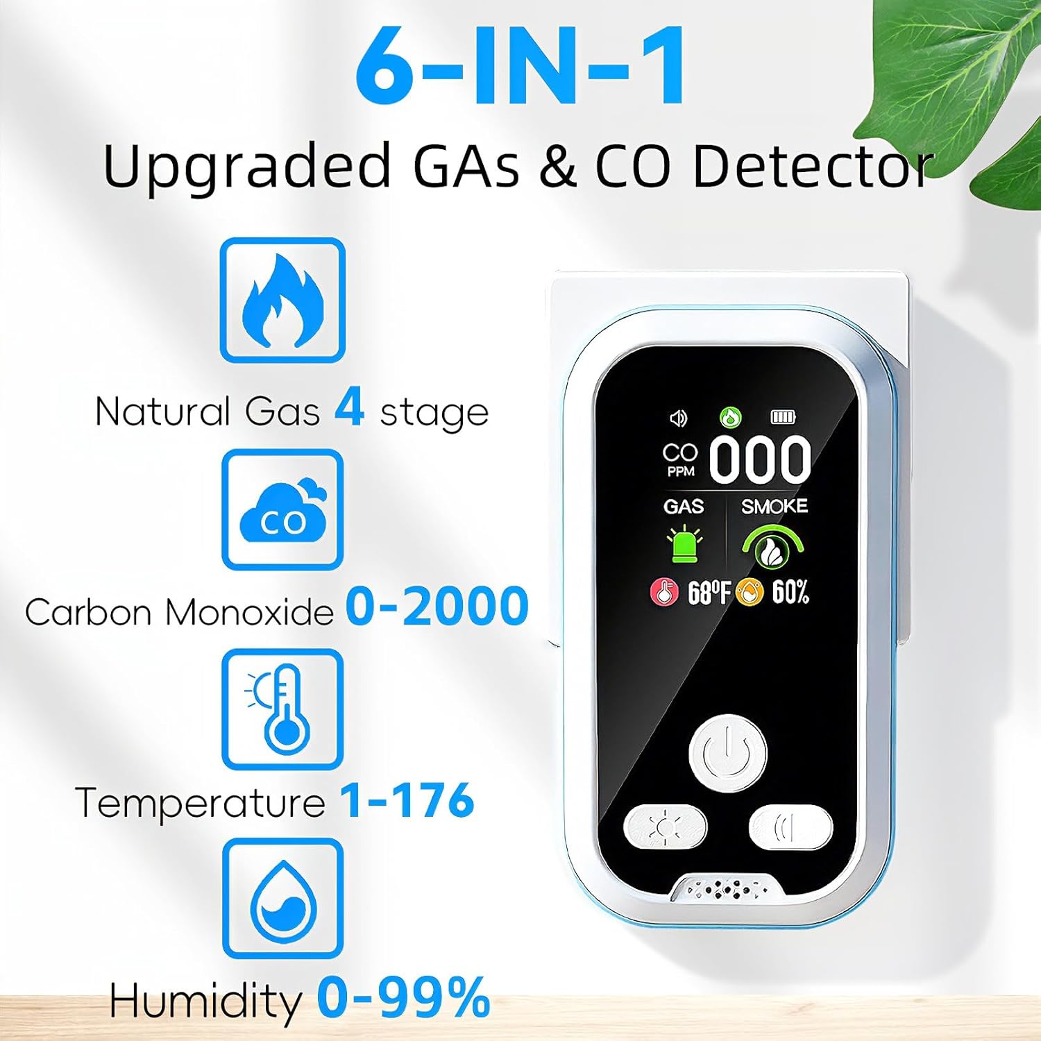 6-in-1 Carbon Monoxide Detector – CO, Gas, Smoke, Temp & Humidity | HD Display, Battery Backup, Plug-In