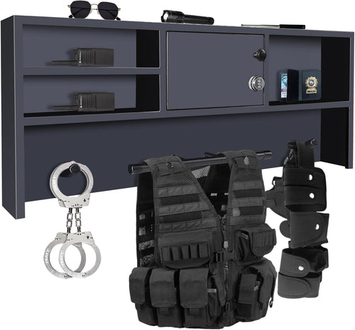 Police Gear Rack – Wall Mounted Duty Gear Organizer with Combination Lockbox, 100 lb Capacity & Thin Blue Line Design